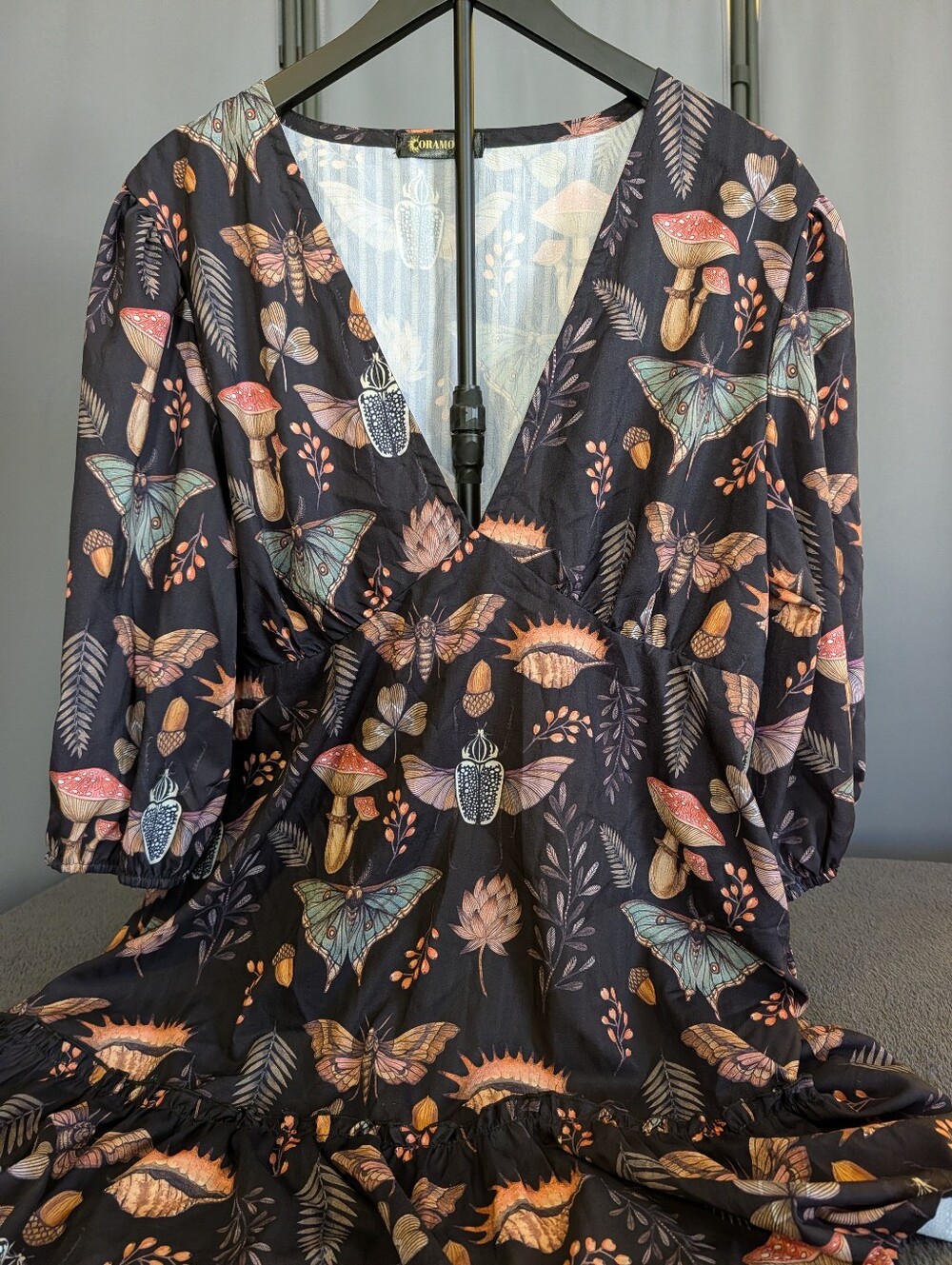 Xl Black Floral Nature  Moth V-Neck Women's Dress